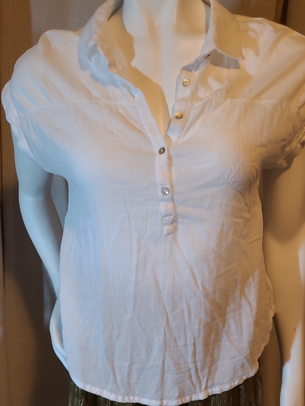 Lucky Brand White Short Sleeve Button-Front Popover Top